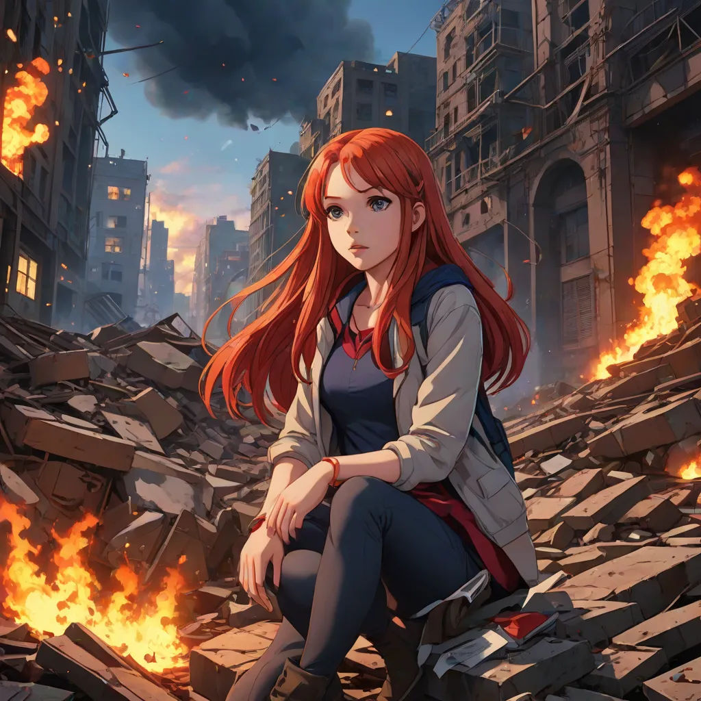 a girl sitting on a pile of rubble in a city with fire coming from her feet and buildings in the background, Chizuko Yoshida, sots art, a character portrait, official art