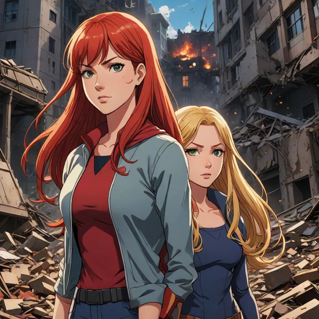two women standing in front of a destroyed building with a city in the background and a fire in the sky, Artgerm, rayonism, poster art, official art