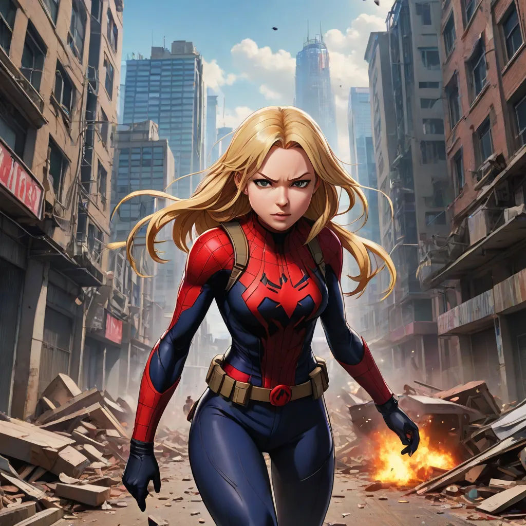 a woman in a red and blue suit is walking through a destroyed city street with a fireball in the background, Artgerm, sots art, a comic book panel, official art