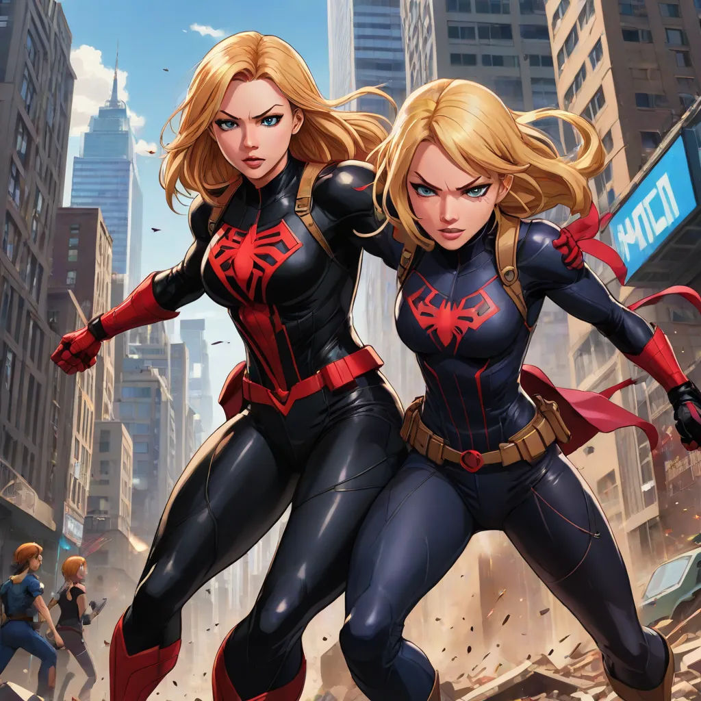 two women in black and red outfits in a city street with skyscrapers and buildings in the background, one of which is holding a red and the other is holding a red and a black, Artgerm, antipodeans, a comic book panel, official art