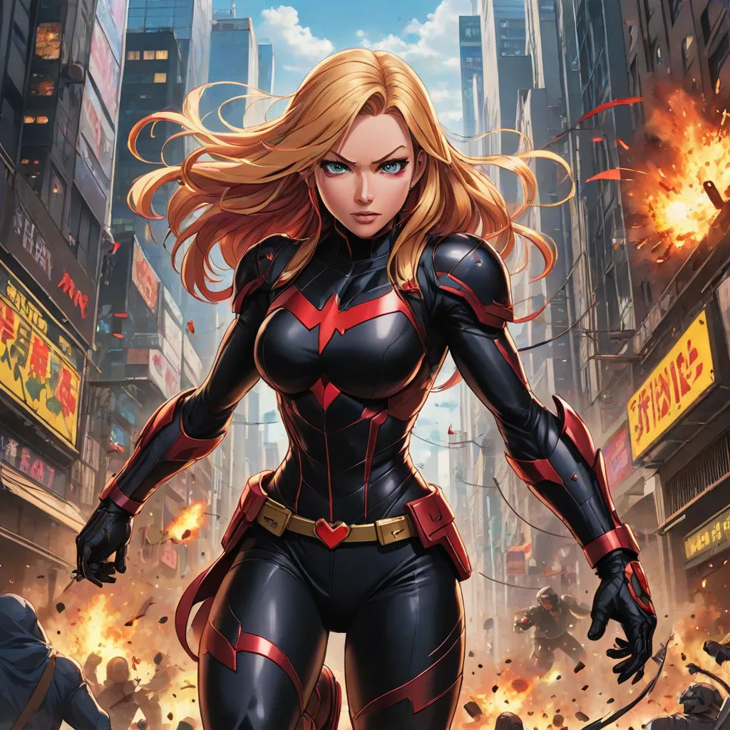 a woman in a black and red suit standing in a city street with a fireball in the air, Artgerm, antipodeans, a comic book panel, official art