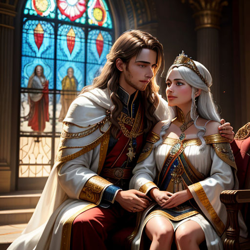a man and woman dressed in medieval clothing sitting next to each other in front of a stained glass window