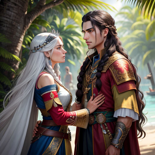 a man and woman dressed in medieval clothing standing next to each other in front of a beach and palm tree