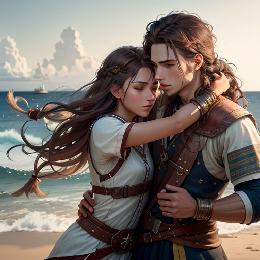 a couple of people that are hugging each other on a beach with the ocean in the background and clouds in the sky