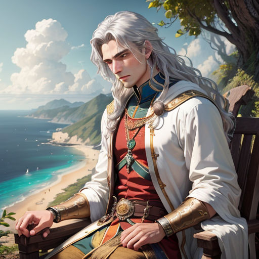 a man sitting on a bench next to a beach and ocean in a painting style of a man with white hair