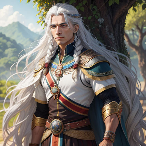 a man in a white and blue outfit standing next to a tree and a mountain range with trees in the background