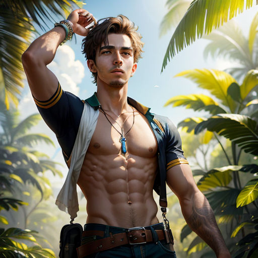 a man with a shirt on and a tie around his neck standing in a jungle with palm trees and a blue sky