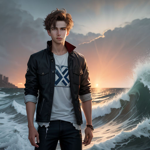 a man standing in front of a wave in the ocean with a sunset behind him and a building in the distance