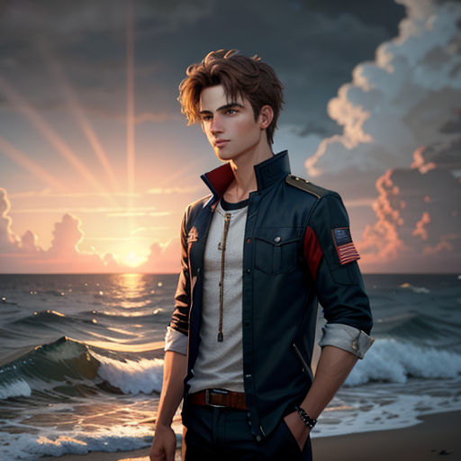 a man standing on a beach next to the ocean at sunset with the sun shining behind him and clouds in the sky