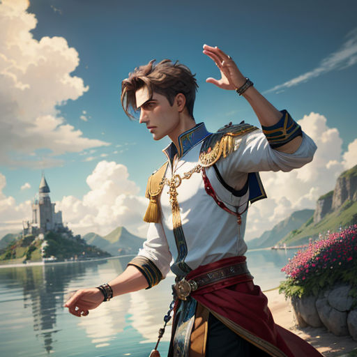a man in a costume standing on a beach next to a body of water with a castle in the background