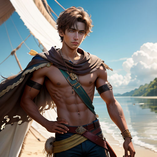 a man in a costume standing on a beach next to a boat with a sail in the background and a body of water