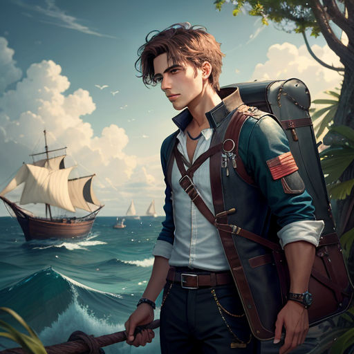 a man with a backpack and a ship in the background, standing in the water, with a rope