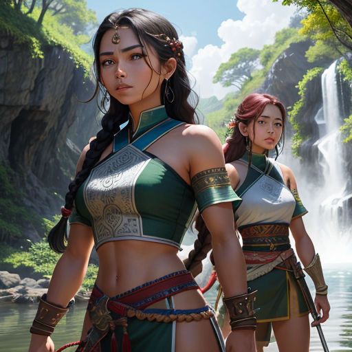 two women in a video game standing next to a waterfall and a waterfall behind them, both wearing armor and holding swords