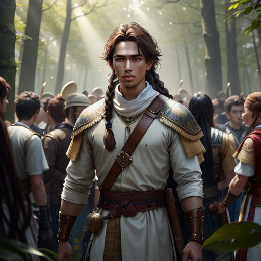a man in a white outfit standing in front of a crowd of people in a forest with trees and bushes