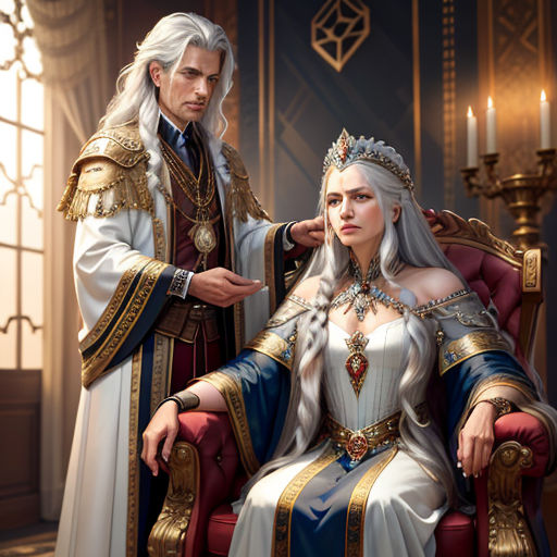 a man and woman dressed in medieval clothing sitting on a red chair in a room with candles and a chandelier