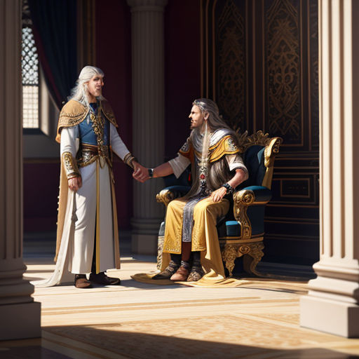 a man in a white robe shaking hands with a man in a yellow robe in a palace setting with columns
