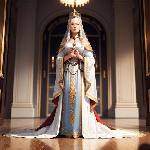 a woman in a white and blue dress with a crown on her head and a red cape on her head