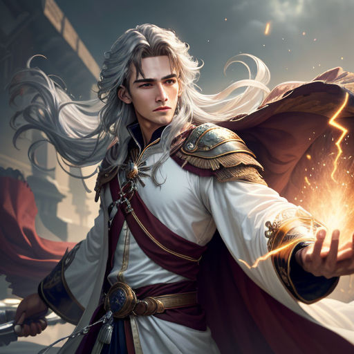 a man in a white and red outfit holding a sword and a lightening wand in his hand, with a lightning in his hand