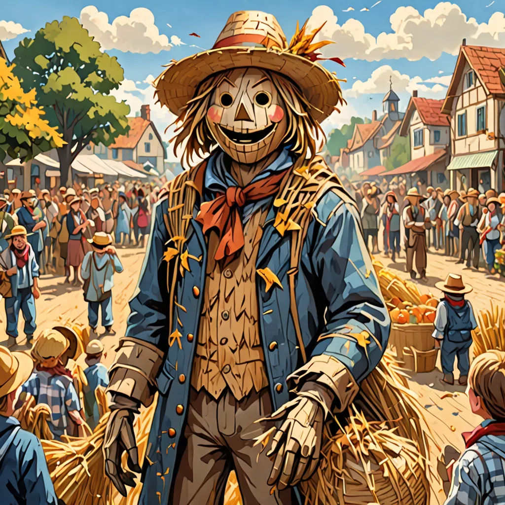 a scarecrow with a hat and a scarecrow costume in a town square with people walking around and a crowd of people, Chris LaBrooy, american scene painting, a storybook illustration, highly detailed digital painting