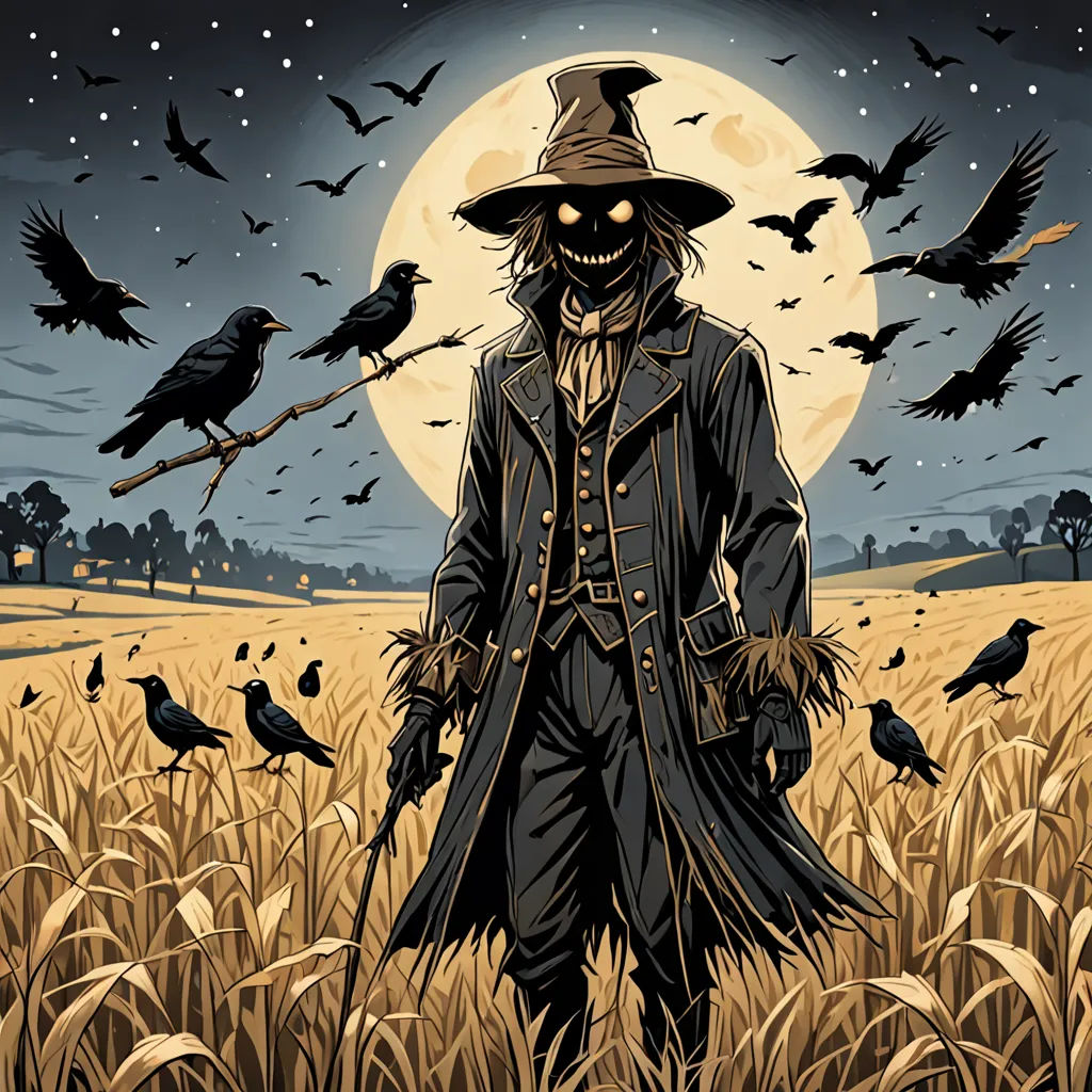 a scarecrow with a hat and a coat standing in a field of wheat with crows flying around him, Dan Mumford, gothic art, a character portrait, comic cover art