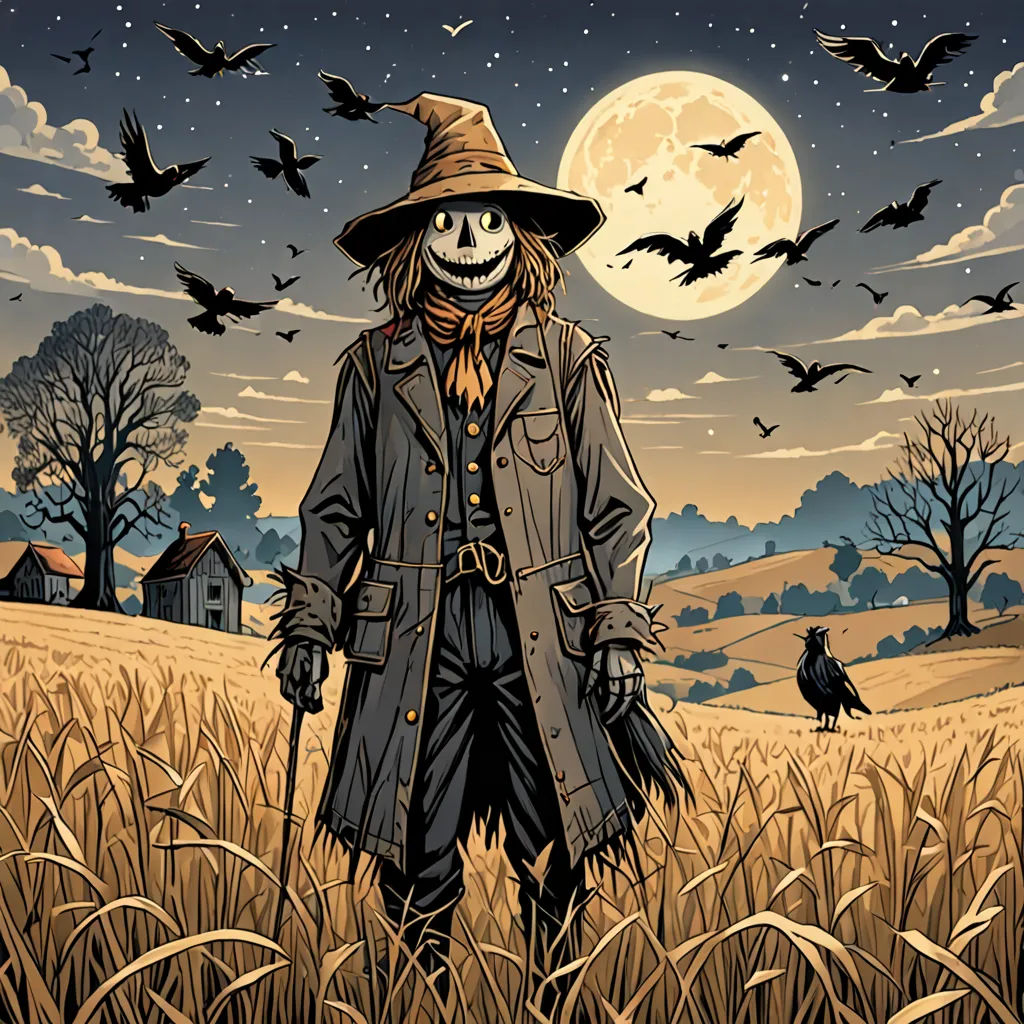 a scarecrow in a field with a full moon in the background and bats flying overhead in the sky, Art Spiegelman, gothic art, a character portrait, comic cover art