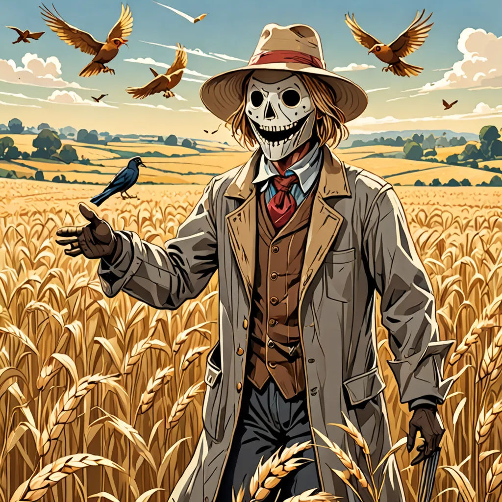 a skeleton in a hat and coat standing in a field of wheat with a bird on his arm and a bird on his hand, Dan Mumford, serial art, a comic book panel, comic cover art