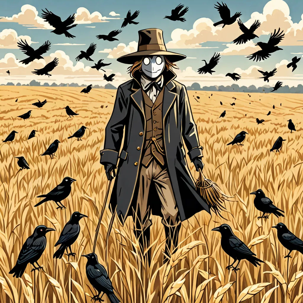 a man in a hat and coat standing in a field of wheat with crows flying around him and a sky with clouds, Dan Mumford, serial art, poster art, dystopian art
