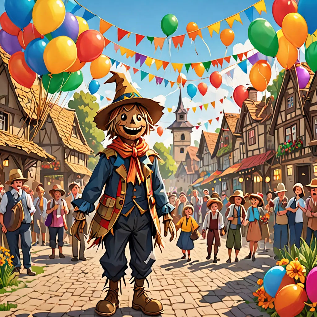 a cartoon of a scarecrow in a town with balloons and streamers in the air above him is a crowd of people, Chris LaBrooy, fantasy art, a storybook illustration, official art