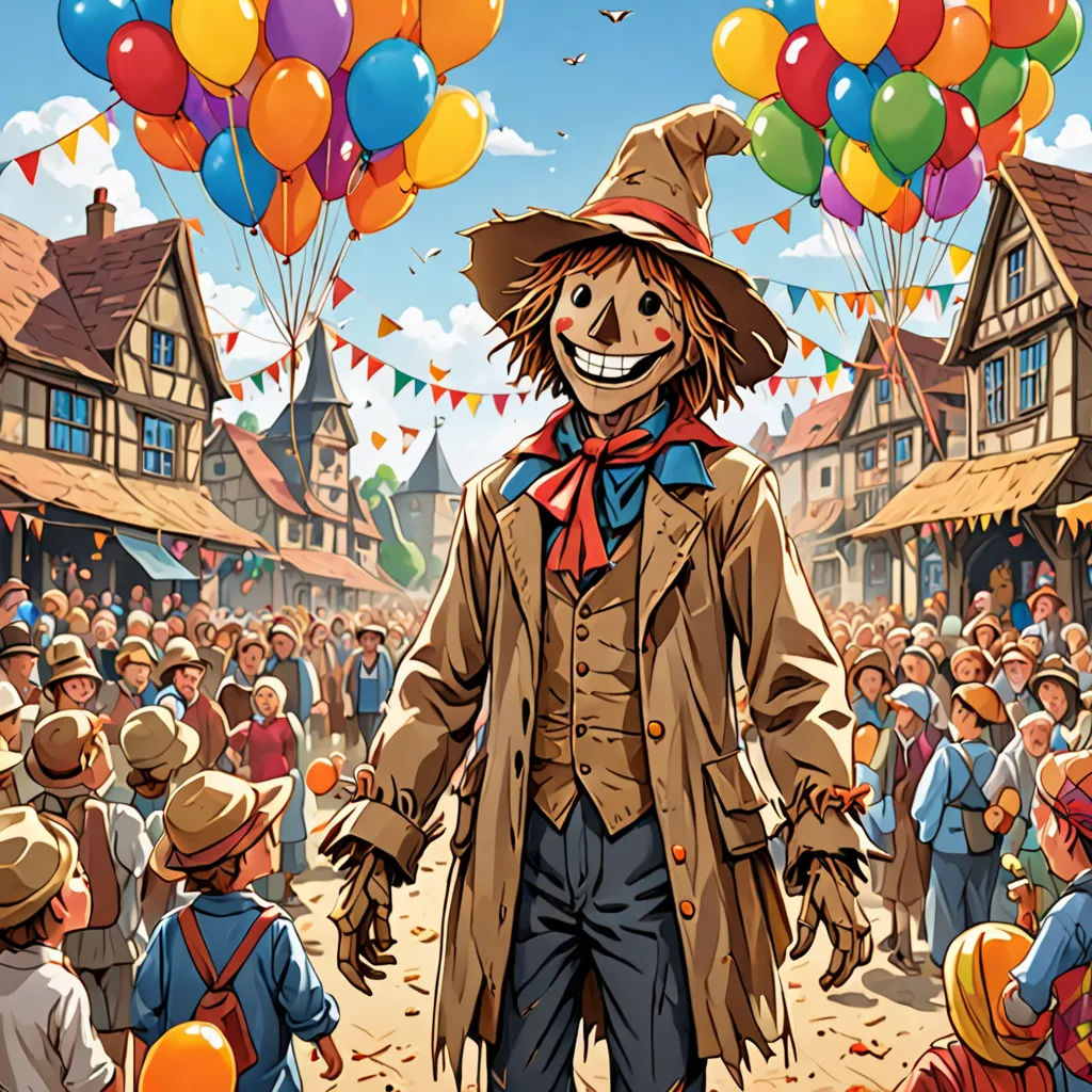 a cartoon of a scarecrow with balloons in the air and a crowd of people in the background watching, Art Spiegelman, fantasy art, a storybook illustration, comic cover art