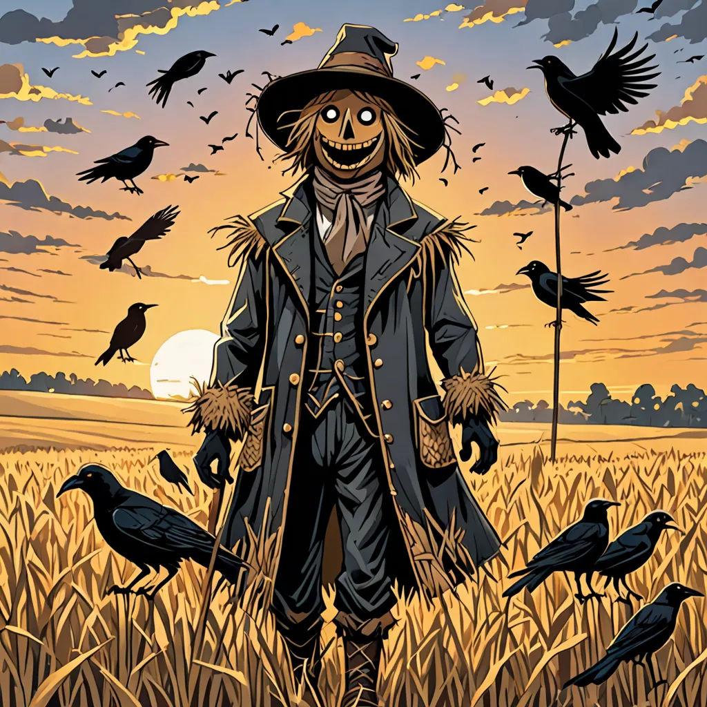 a scarecrow standing in a field with crows flying around him and a scarecrow standing in the middle of the field, Chris LaBrooy, gothic art, a comic book panel, western comic book art