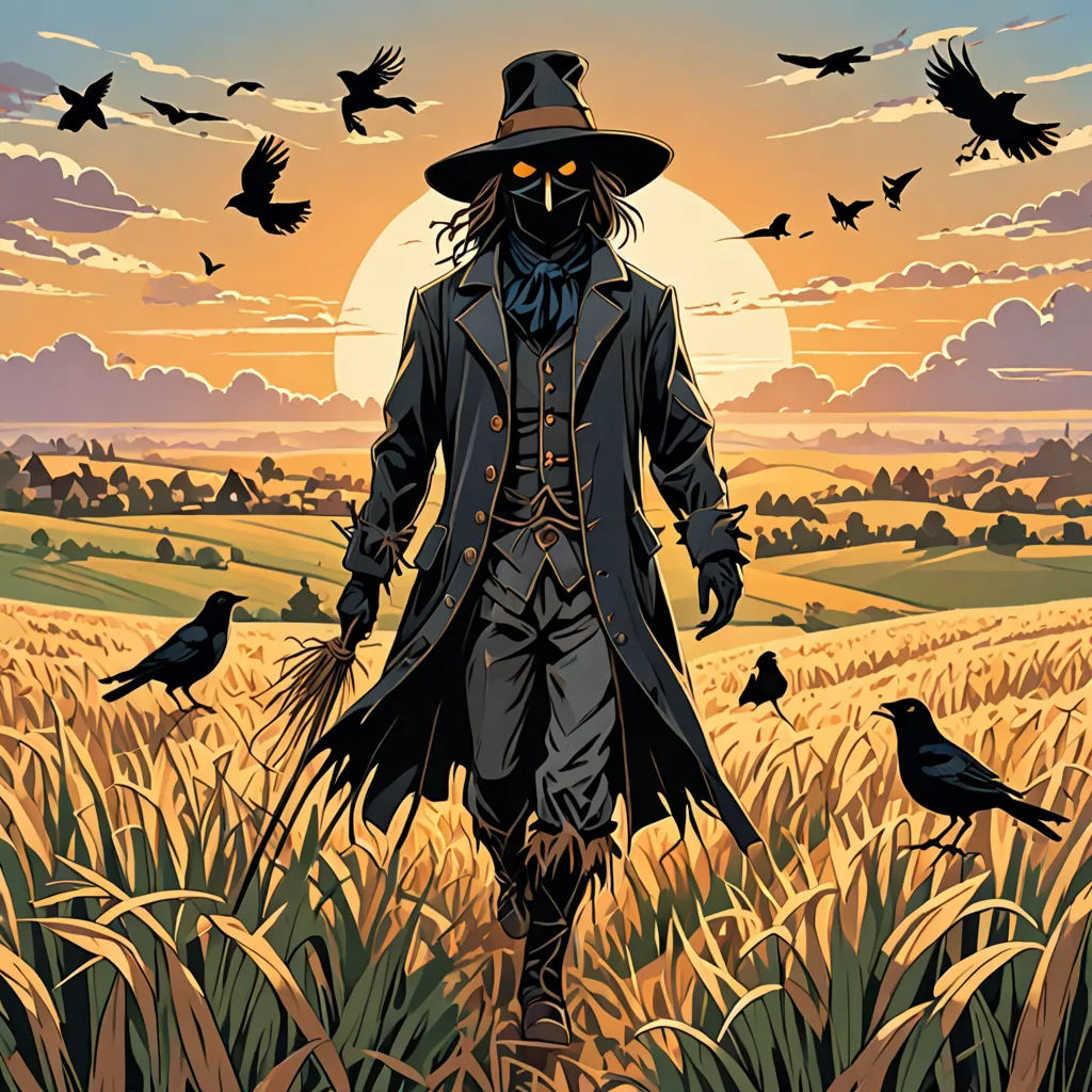 a scarecrow with a hat and a long coat walking through a field of wheat with crows flying around, Dan Mumford, fantasy art, a character portrait, comic cover art