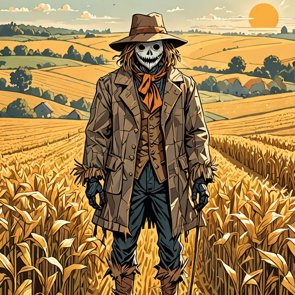 a scarecrow standing in a cornfield with a scarecrow mask on his face and a hat on his head, Dan Mumford, synthetism, a comic book panel, western comic book art