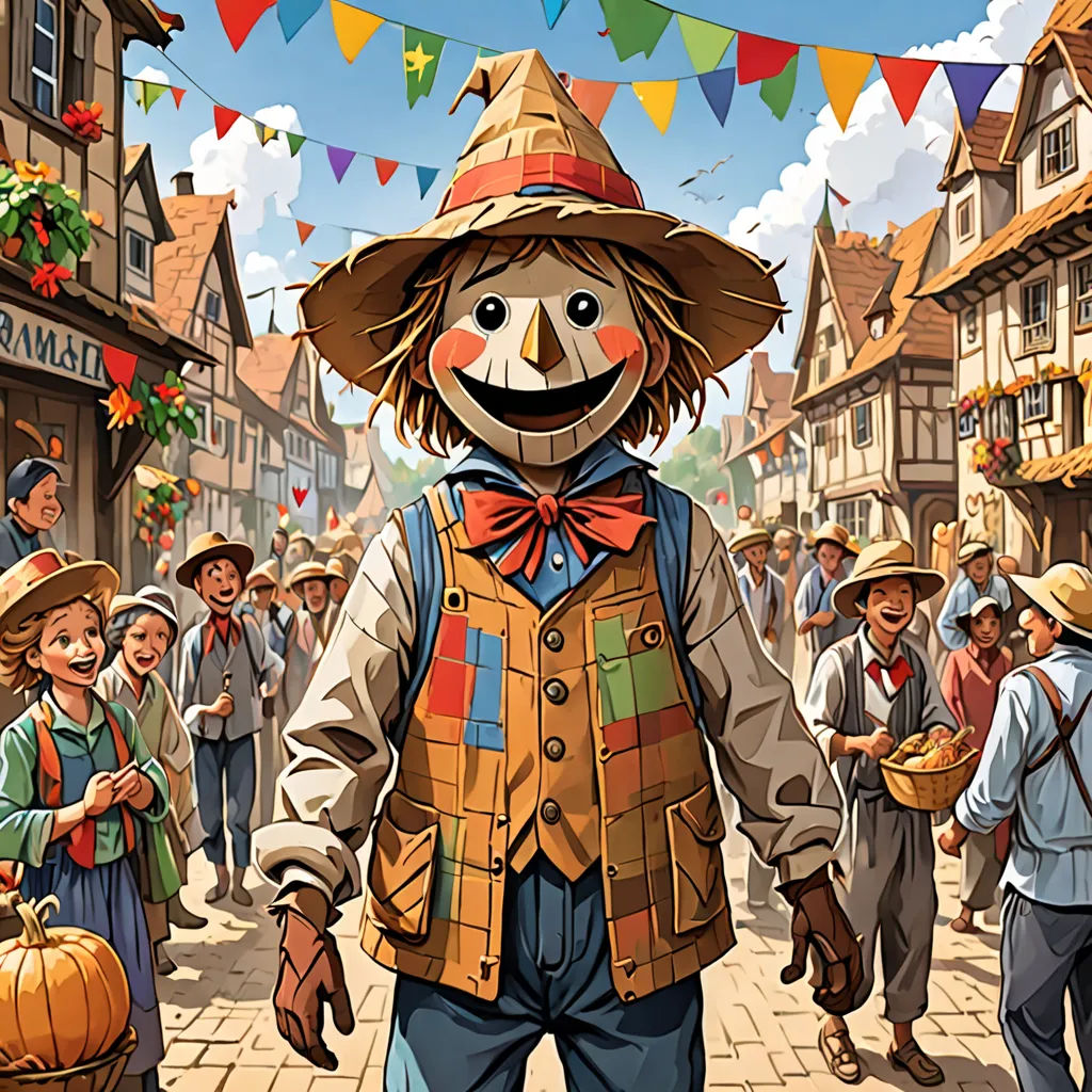 a scarecrow in a village with a crowd of people around him and a banner with flags in the background, Chris LaBrooy, fantasy art, a storybook illustration, official art