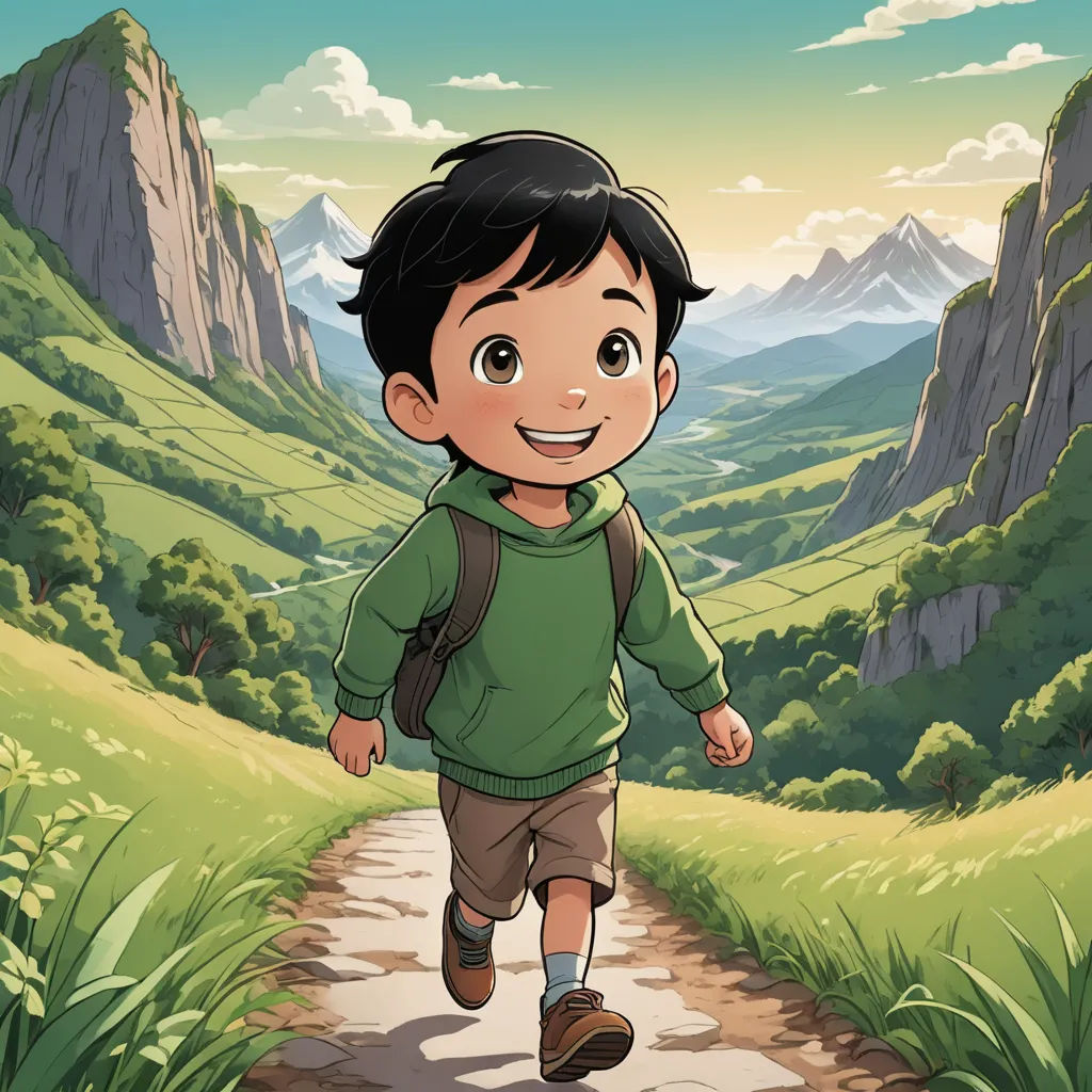 a boy running down a path in the mountains with a backpack on his back and a mountain in the background, lyco art, a character portrait, Diego Gisbert Llorens, yukito kishiro