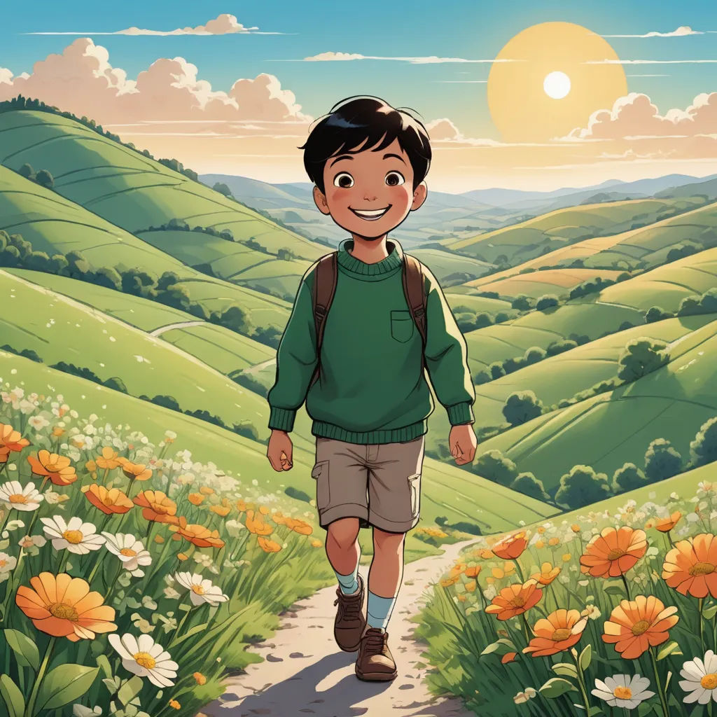 a boy walking down a path in a field of flowers with a sun in the background and a field of flowers in the foreground, lyco art, a storybook illustration, Cliff Childs, comic cover art