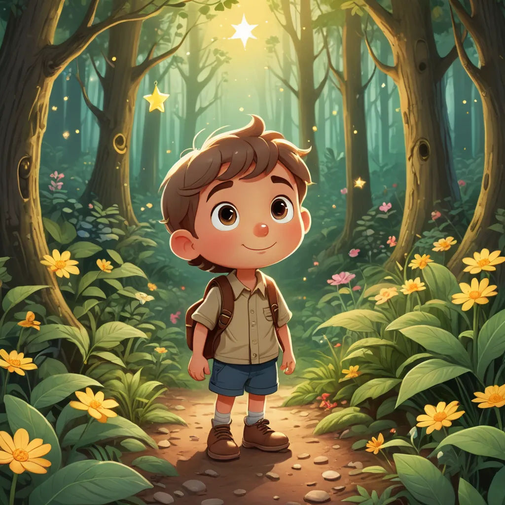 a boy standing in the middle of a forest with a star above him and a trail leading to the woods, magical realism, a storybook illustration, Diego Gisbert Llorens, rossdraws global illumination