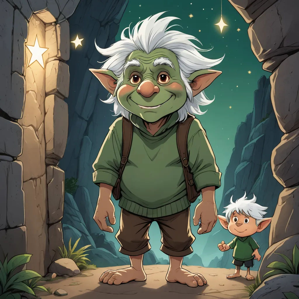 a cartoon of a troll and a dwarf standing in a cave with a star above them and a little boy standing in front of it, fantasy art, a storybook illustration, Cliff Childs, storybook illustration