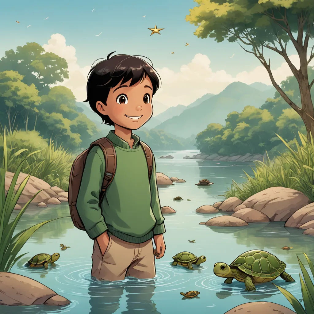 a boy standing in a river with a backpack on his back and a turtle in the water behind him, magical realism, a storybook illustration, Cliff Childs, storybook illustration
