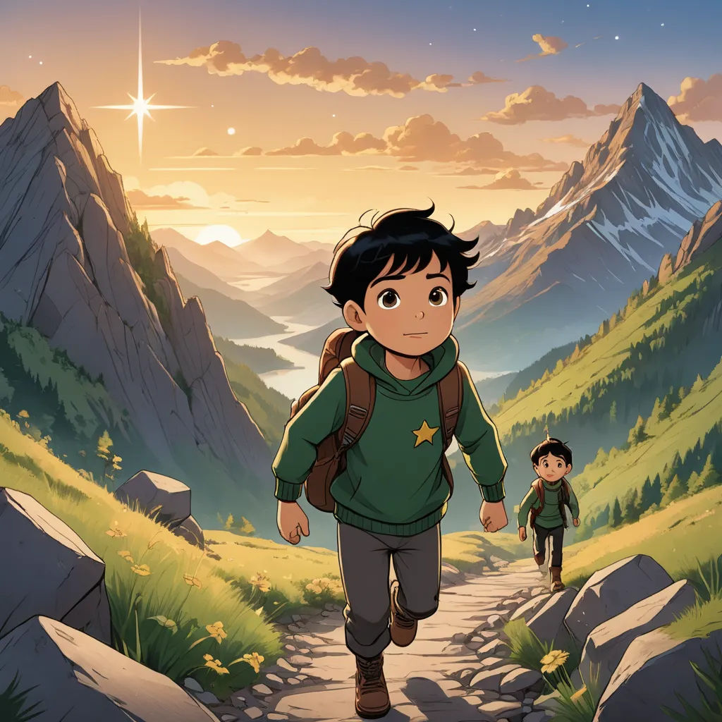 a boy and a girl walking down a trail in the mountains with a star on top of them and a star above them, sots art, concept art, Anne Said, official art