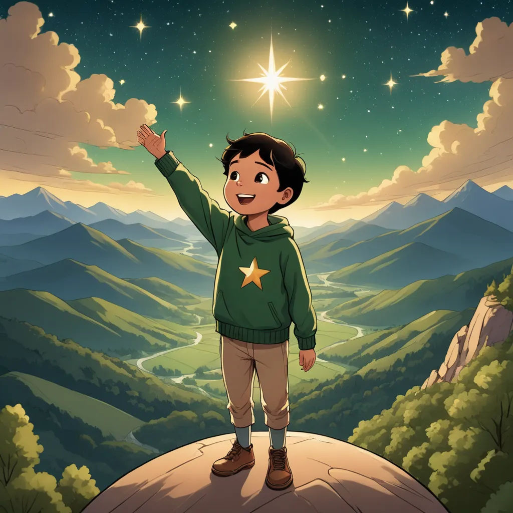 a boy standing on a rock with a star above him and mountains in the background, with a star above him, space art, a storybook illustration, Diego Gisbert Llorens, official art