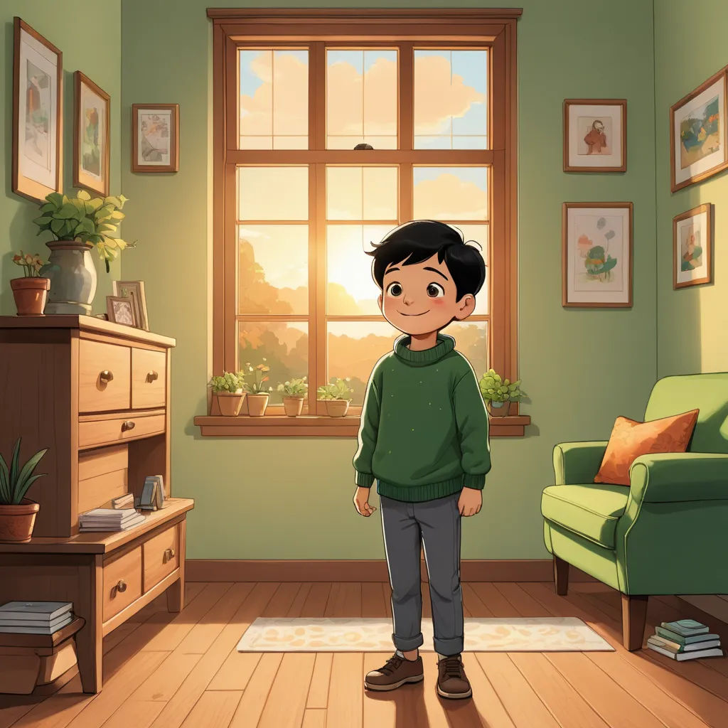 a boy standing in a room with a green chair and a green couch and a window with a sky view, sots art, a storybook illustration, Diego Gisbert Llorens, promotional image