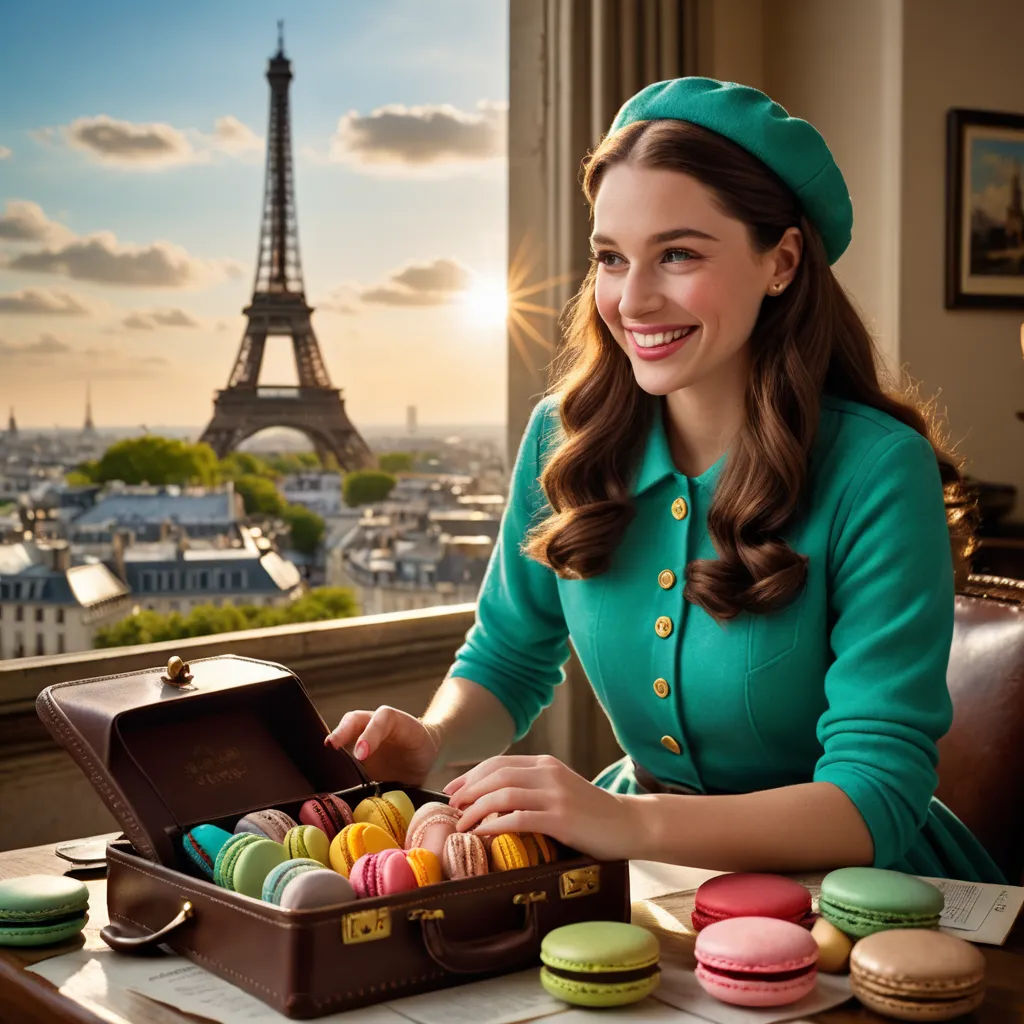 a woman in a green dress and hat with a suitcase of macaroons in front of a window, les automatistes, a detailed matte painting, Celia Fiennes, promotional image