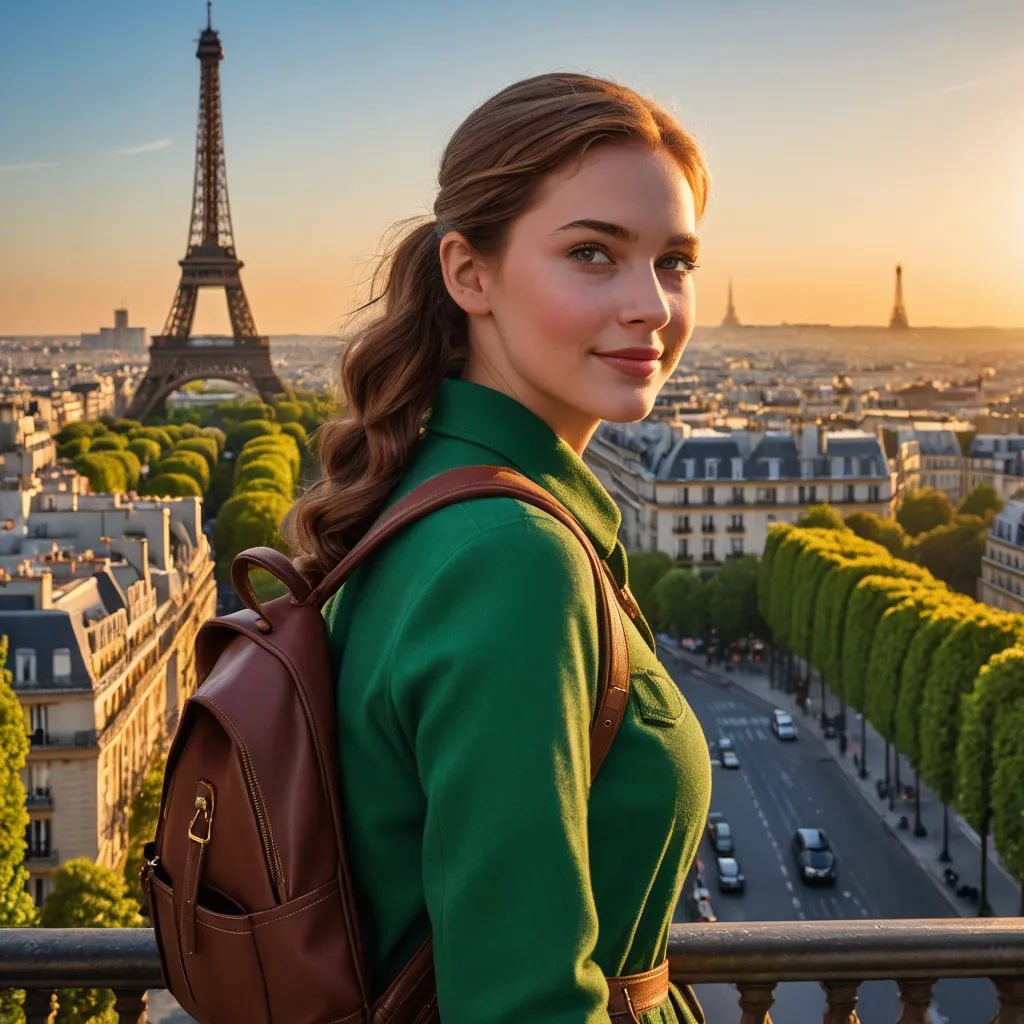 a woman standing on a balcony overlooking the eiffel tower in paris, france, with a backpack on her shoulder, paris school, a character portrait, Didier Mouron, city background
