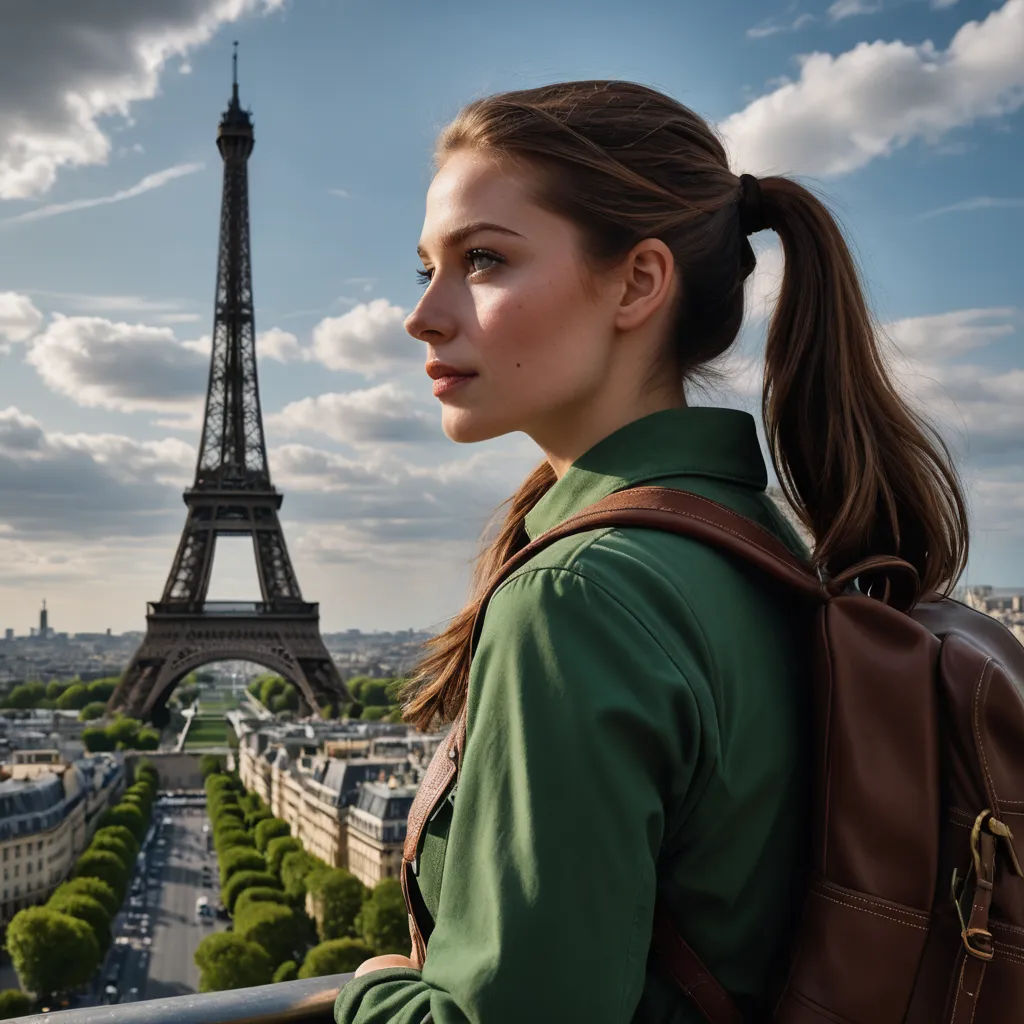 a woman with a backpack looking at the eiffel tower in paris, france, on a sunny day, paris school, a detailed matte painting, Didier Mouron, canon eos r 3