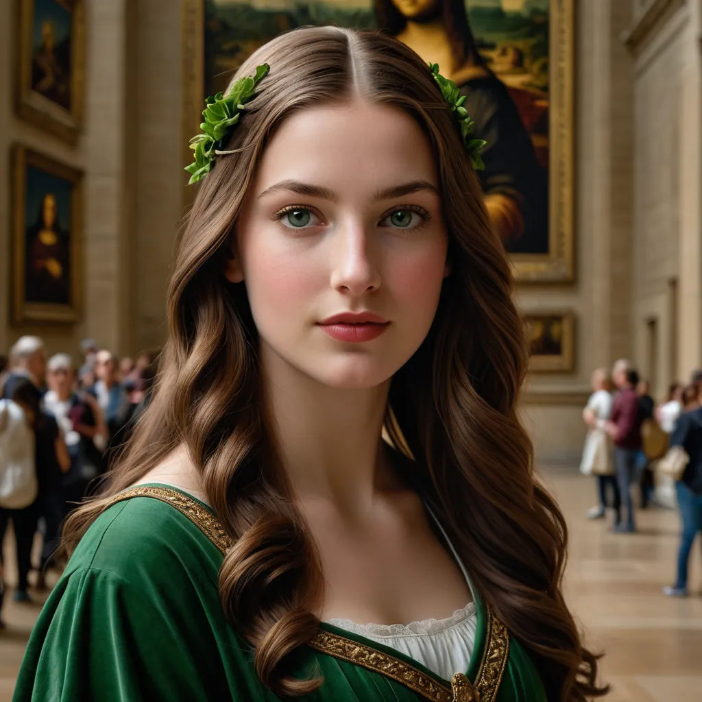 a woman in a green dress with a flower in her hair and a painting behind her head in a museum, renaissance, a photorealistic painting, Dino Valls, renaissance oil painting