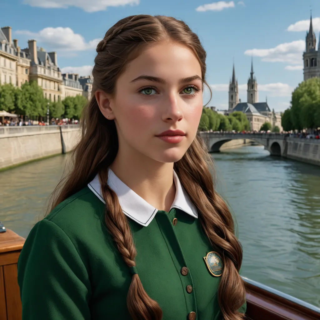 a girl in a green sweater is standing on a boat in a river with a bridge in the background, photorealism, a hyperrealistic painting, Didier Mouron, photoreal