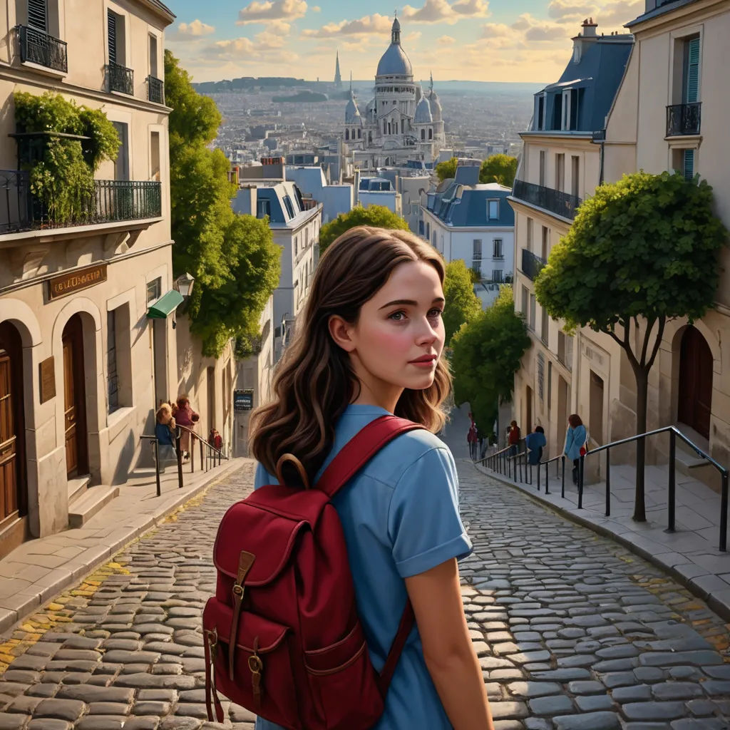 a woman with a red backpack is standing on a cobblestone street in a city with a view of the dome of the church, american scene painting, a hyperrealistic painting, Evgeny Lushpin, highly detailed digital painting