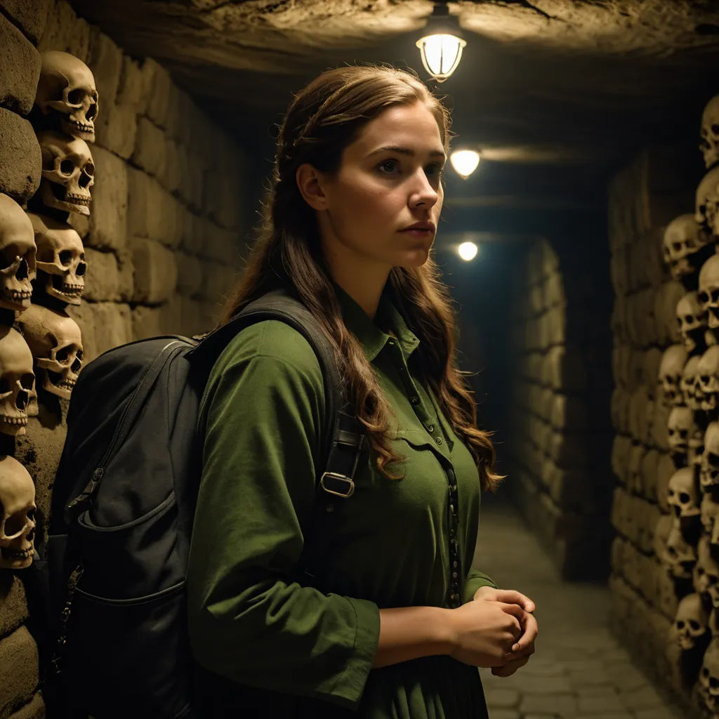 a woman standing in a tunnel with skulls on the wall behind her and a light above her head and a backpack on her shoulder, symbolism, poster art, Claire Falkenstein, promotional image