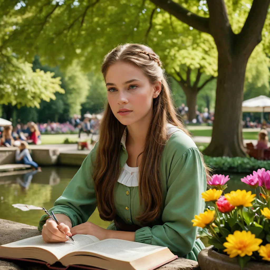 a woman sitting at a table with a book and pen in her hand and a book in front of her, german romanticism, a character portrait, Anne Said, promotional image