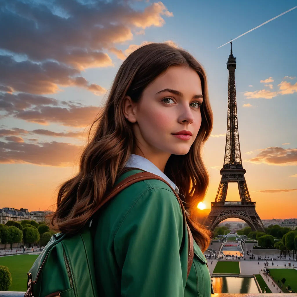 a woman standing in front of the eiffel tower at sunset with a backpack on her shoulder and a purse on her shoulder, paris school, poster art, Claire Falkenstein, promotional image